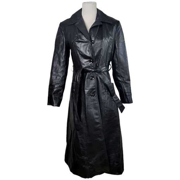 70s Bermans Black Leather Trench Coat with Pockets & Belt Size S - Picture 1 of 10